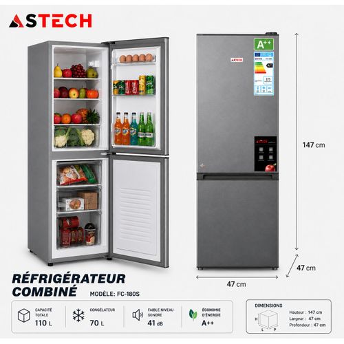 Astech Réfrigérateur Combiné 3 Tiroirs - 180 Litres - FC-180S - Gris - Classe A++ - Garantie 12 Mois
